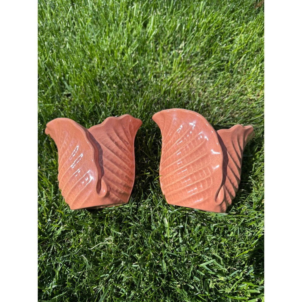 Red Wing USA 1281 Vintage Pottery Vases Pair Coral Pink Leaf Mid Century Modern